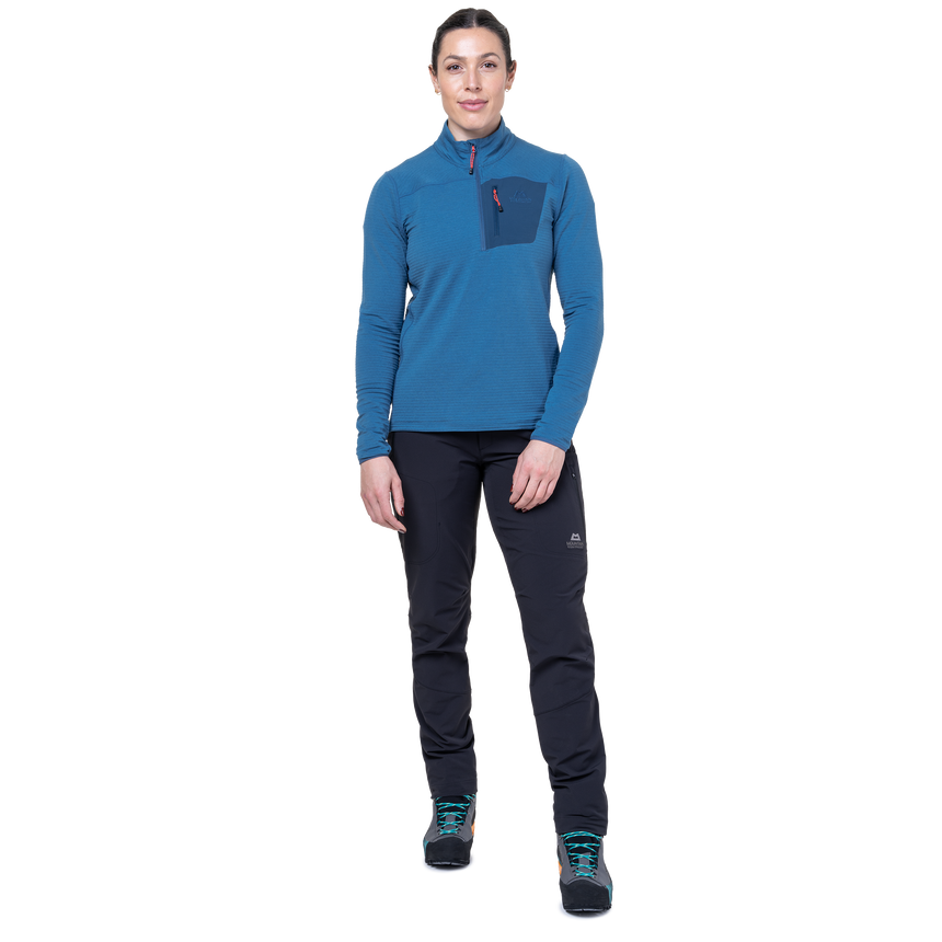 Mountain Equipment Lumiko Women's Zip T Outdoor Action Stellar/Majolica - Front Fit on Model