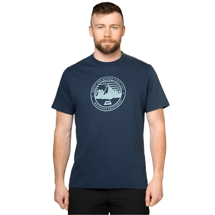 Mountain Equipment Roundel Men's Tee Outdoor Action Denim Blue- Front fit