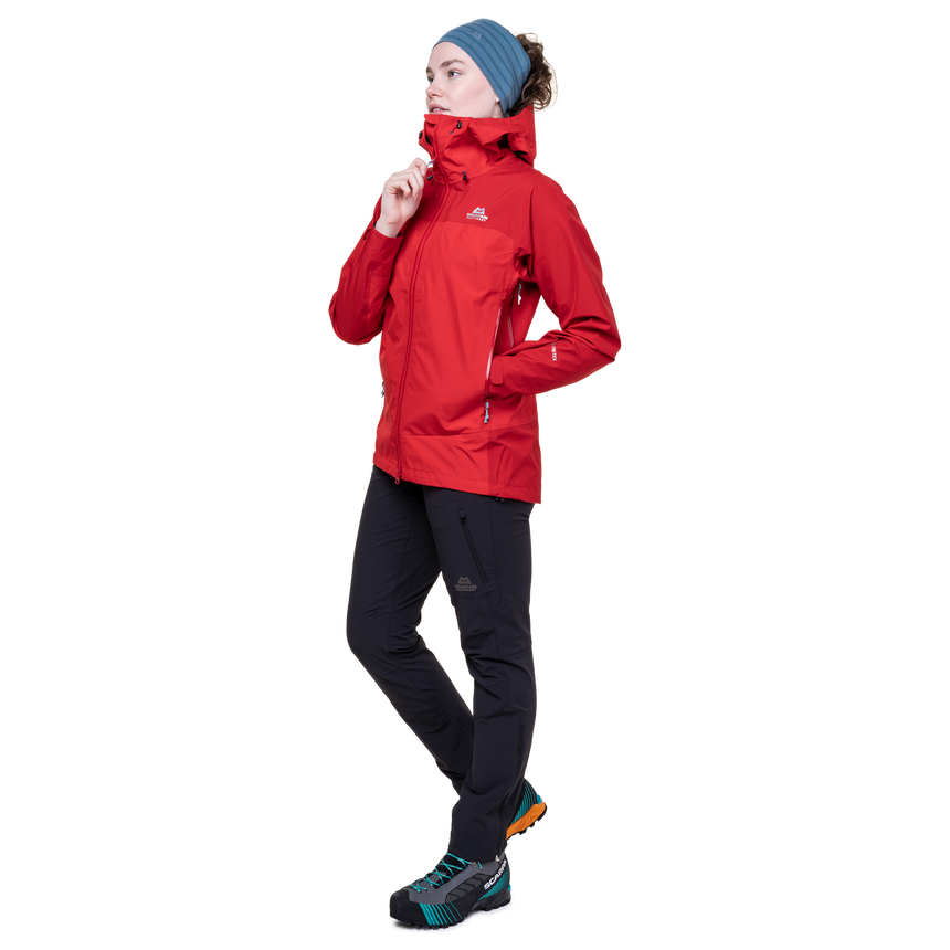 Mountain Equipment Saltoro Women’s Jacket Outdoor Action Imperial Red/Crimson - Full View on Model
