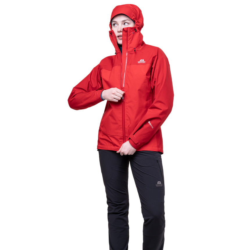 Mountain Equipment Saltoro Women’s Jacket Outdoor Action Imperial Red/Crimson - Full View on Model