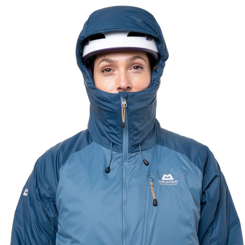 Mountain Equipment Shelterstone Women's Jacket Outdoor Action Stellar/Majolica- Helmet Compatible Hood