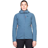 Mountain Equipment Shroud Hooded Women's Jacket Outdoor Action Stellar Blue- front fit on model