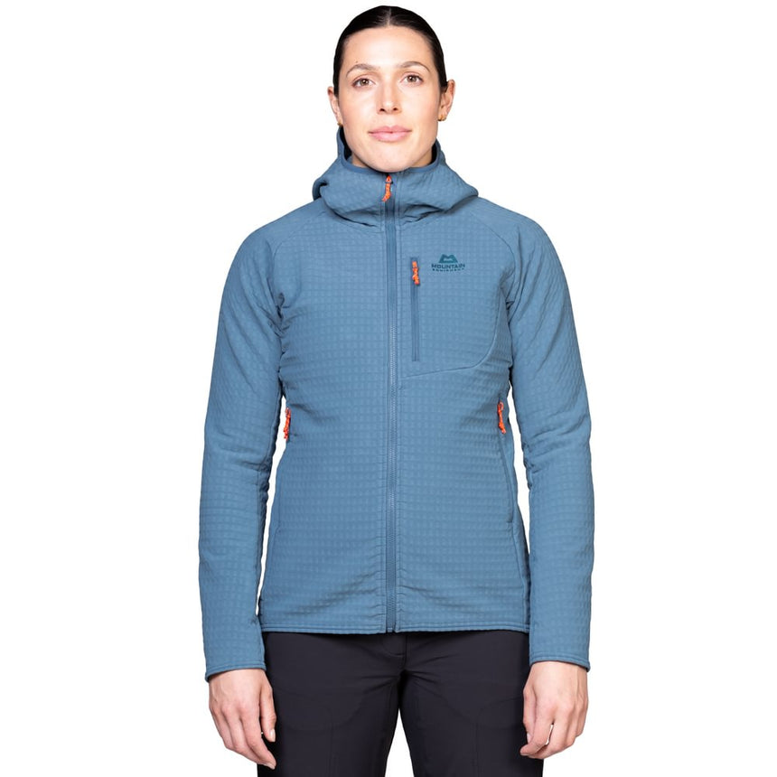 Mountain Equipment Shroud Hooded Women's Jacket Outdoor Action Stellar Blue- front fit on model