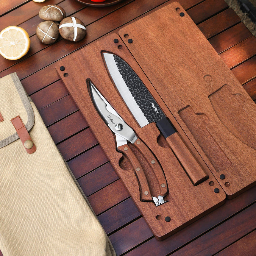 Nextool Camp Chef Complete Set - Hardwood Board, Santoku Knife & Utility Shears for Campsite Workstation