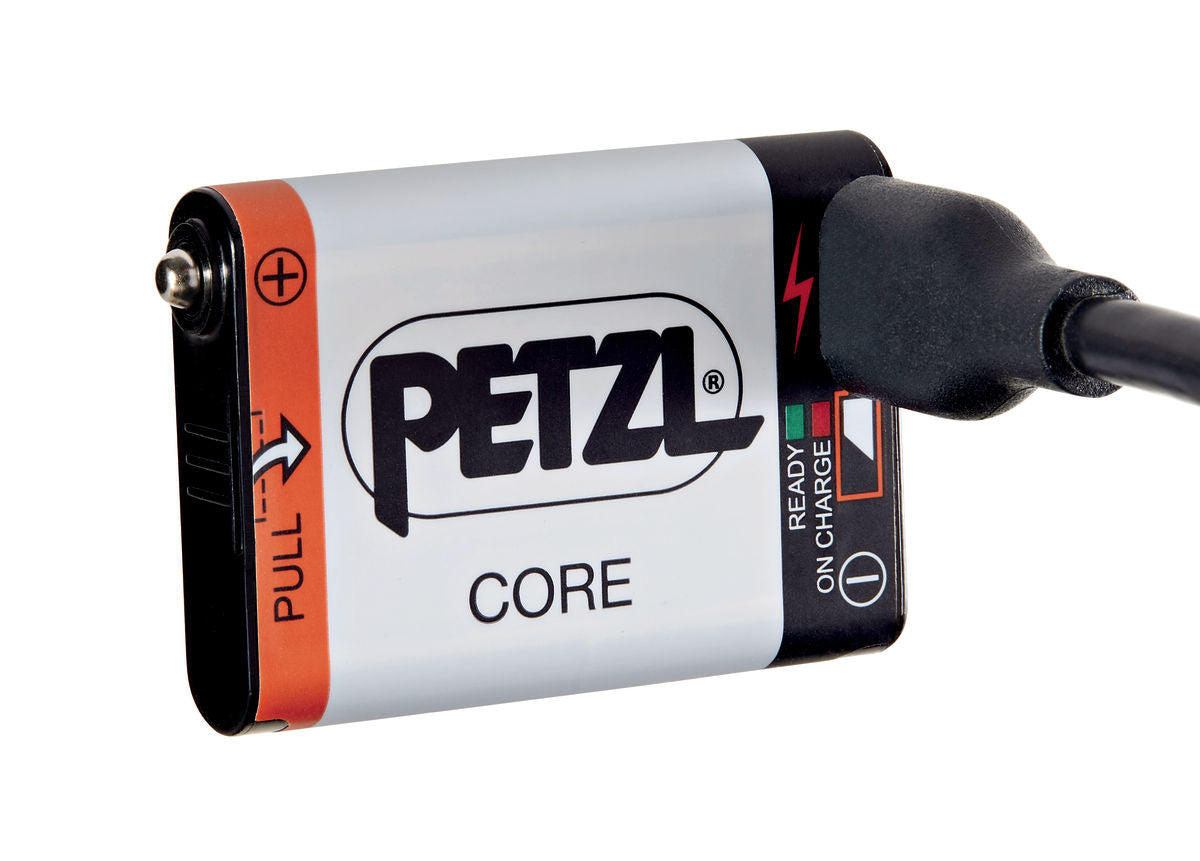 Petzl Accu Core Rechargeable Battery - Front with USB Cable Plugged In