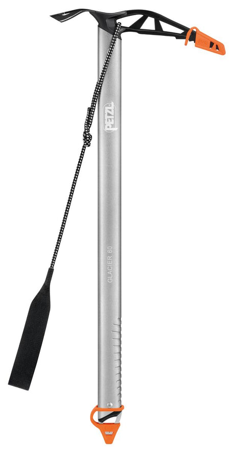 Petzl Glacier Linkin Ice Axe Gray - Front with Protective Caps and Leash