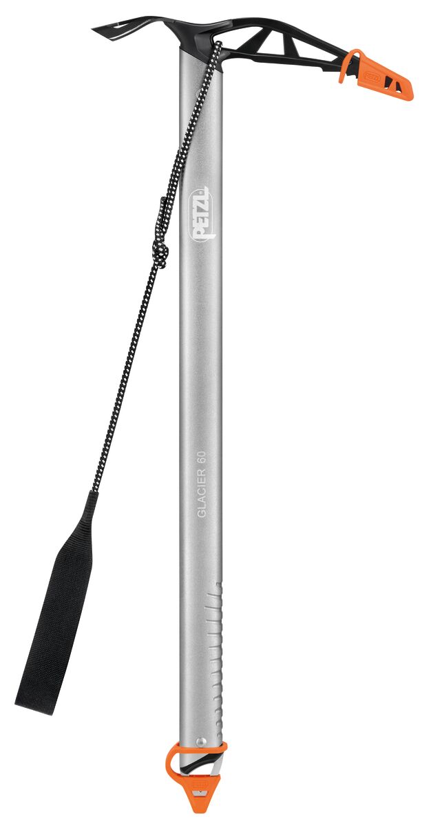 Petzl Glacier Linkin Ice Axe Gray - Front with Protective Caps and Leash