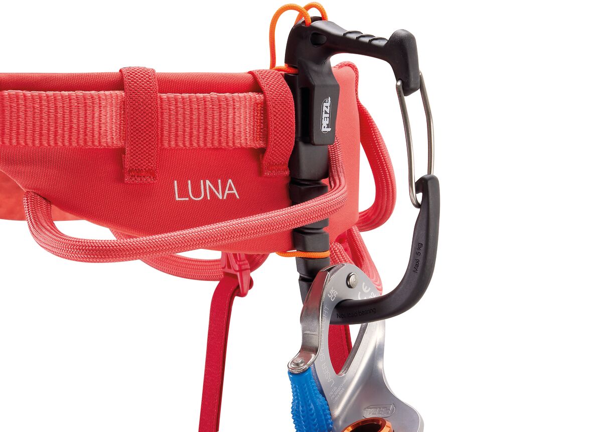 Petzl Luna Women's Harness Red - Side Straps Close Up with Carabiner Attached