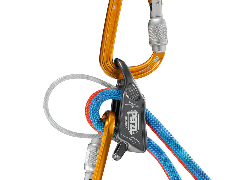 Petzl Reverso Belay-Rappel Device Grey - Connected to Carabiner & Rope