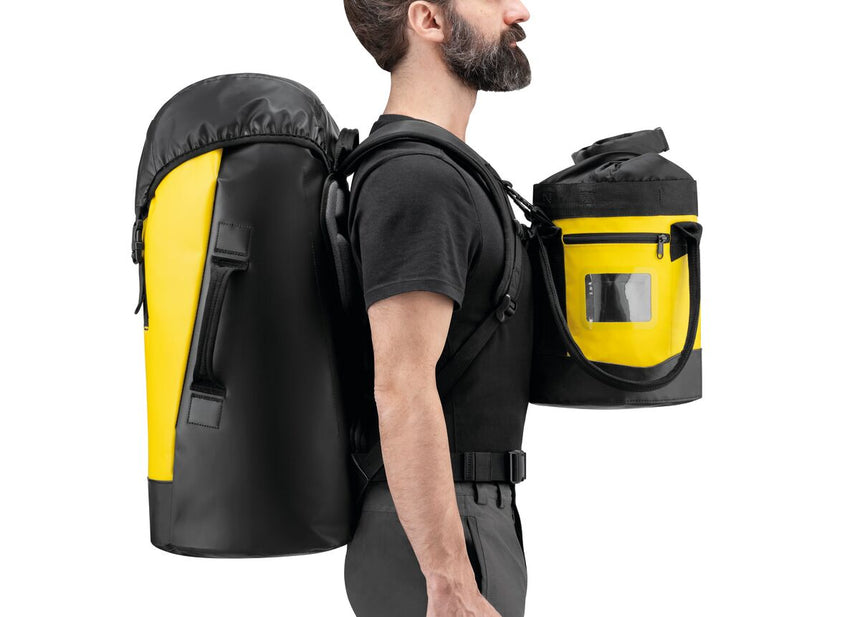 Petzl Transport 45 Backpack Yellow/Black - Model Carrying Large Pack & Smaller Pack