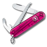 Pink Swiss Army knife with multiple tools on a white background