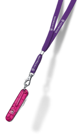 Purple lanyard with a pink swiss army knife on a white background
