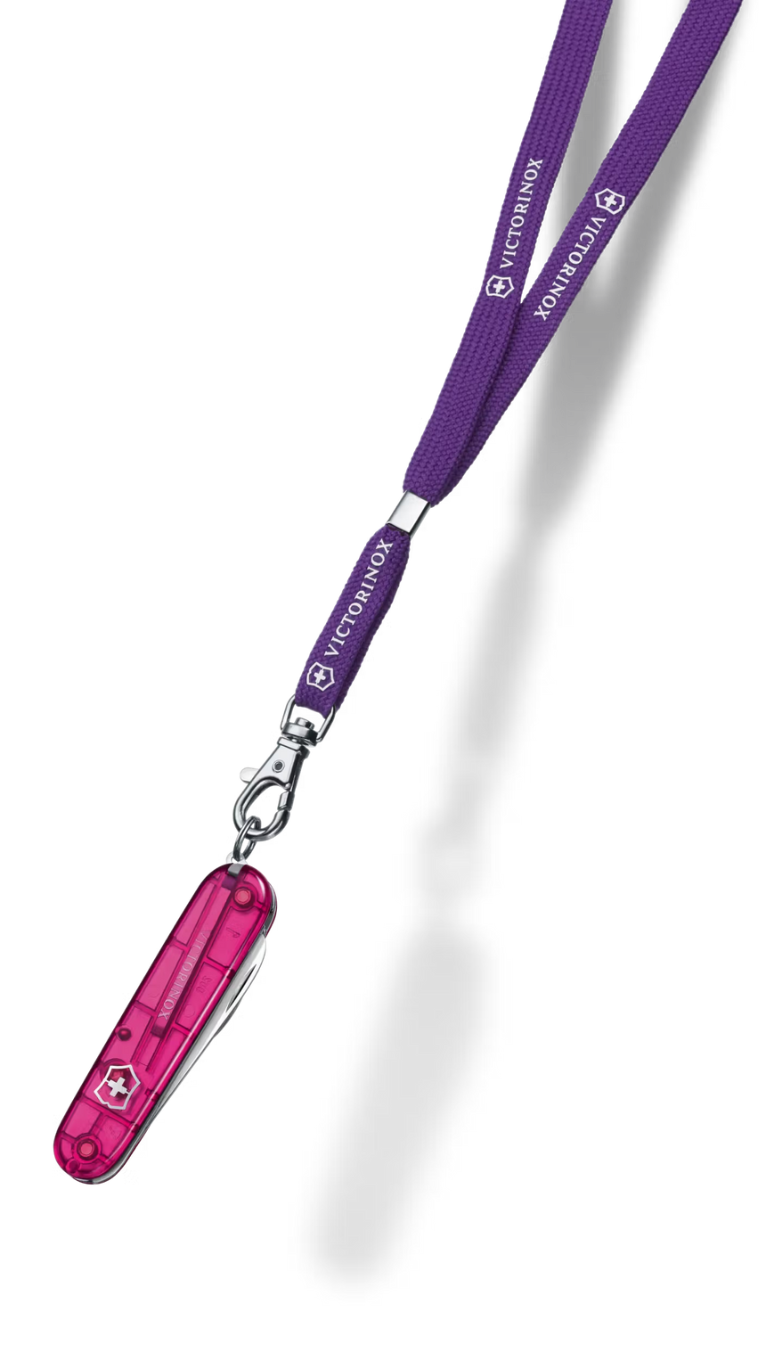 Purple lanyard with a pink swiss army knife on a white background