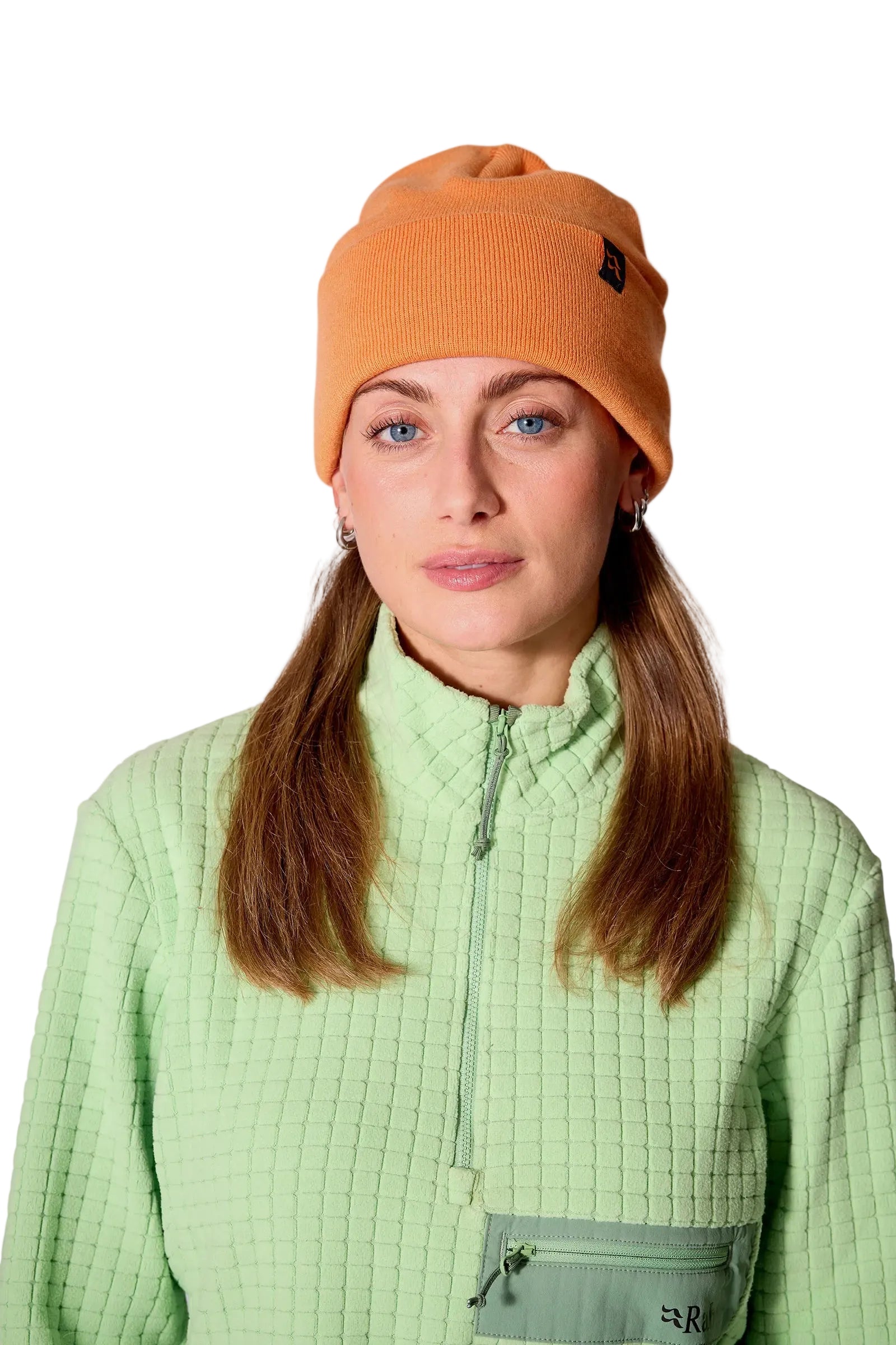 Rab Adzuki Beanie in Melba - front, styling reference