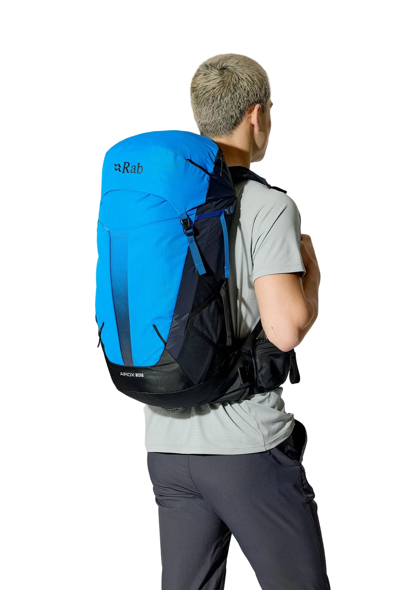 Rab Airox 30 Day Pack in Maya Blue/Black - Back View On Model 2