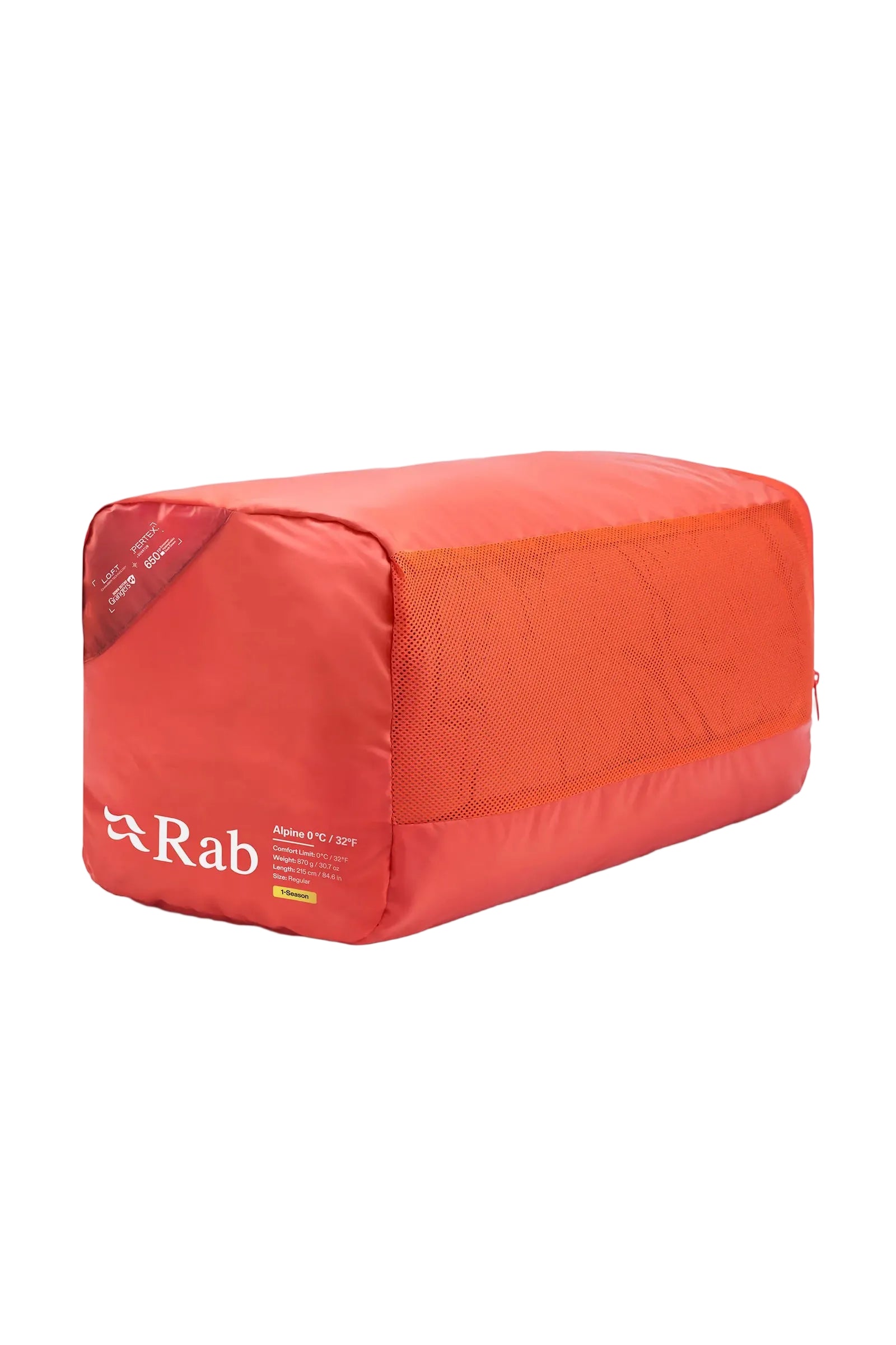 Rab Alpine Down Sleeping Bag (0°C/32F) in Dark Horizon/Tuscan Red - packed in stuff sack