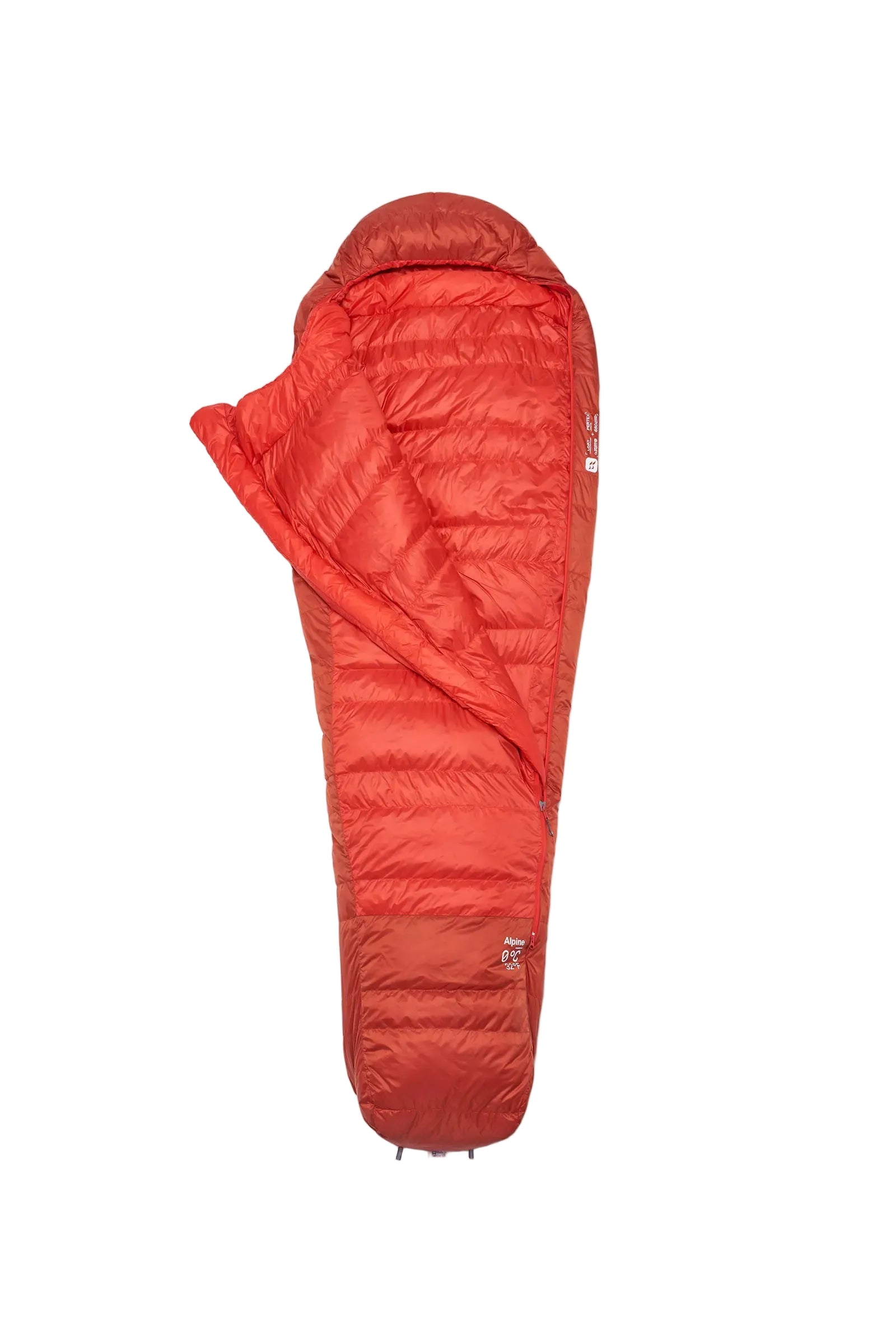 Rab Alpine Down Sleeping Bag (0°C/32F) in Dark Horizon/Tuscan Red - unzipped, open
