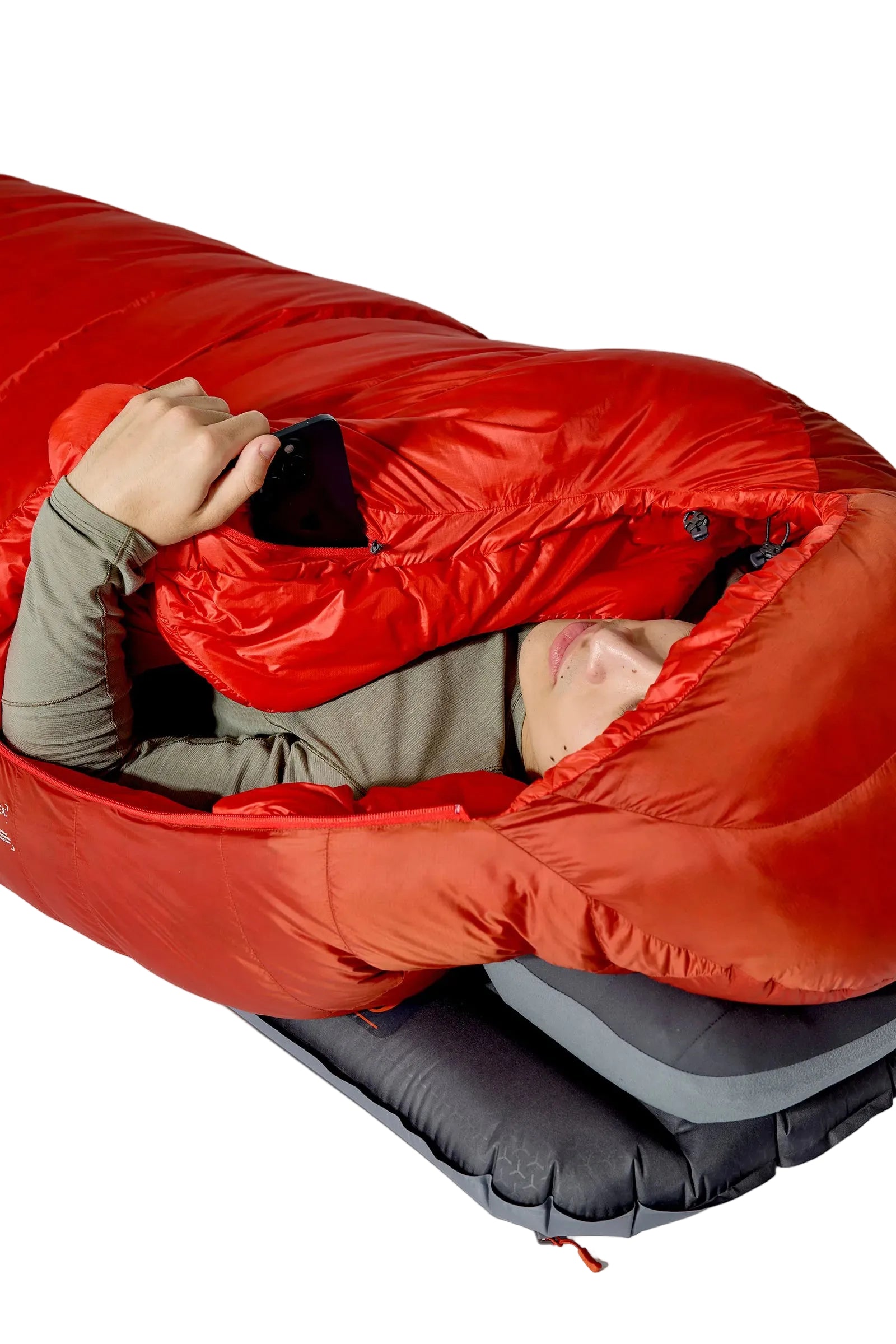 Rab Alpine Down Sleeping Bag (0°C/32F) in Dark Horizon/Tuscan Red - worn, face out