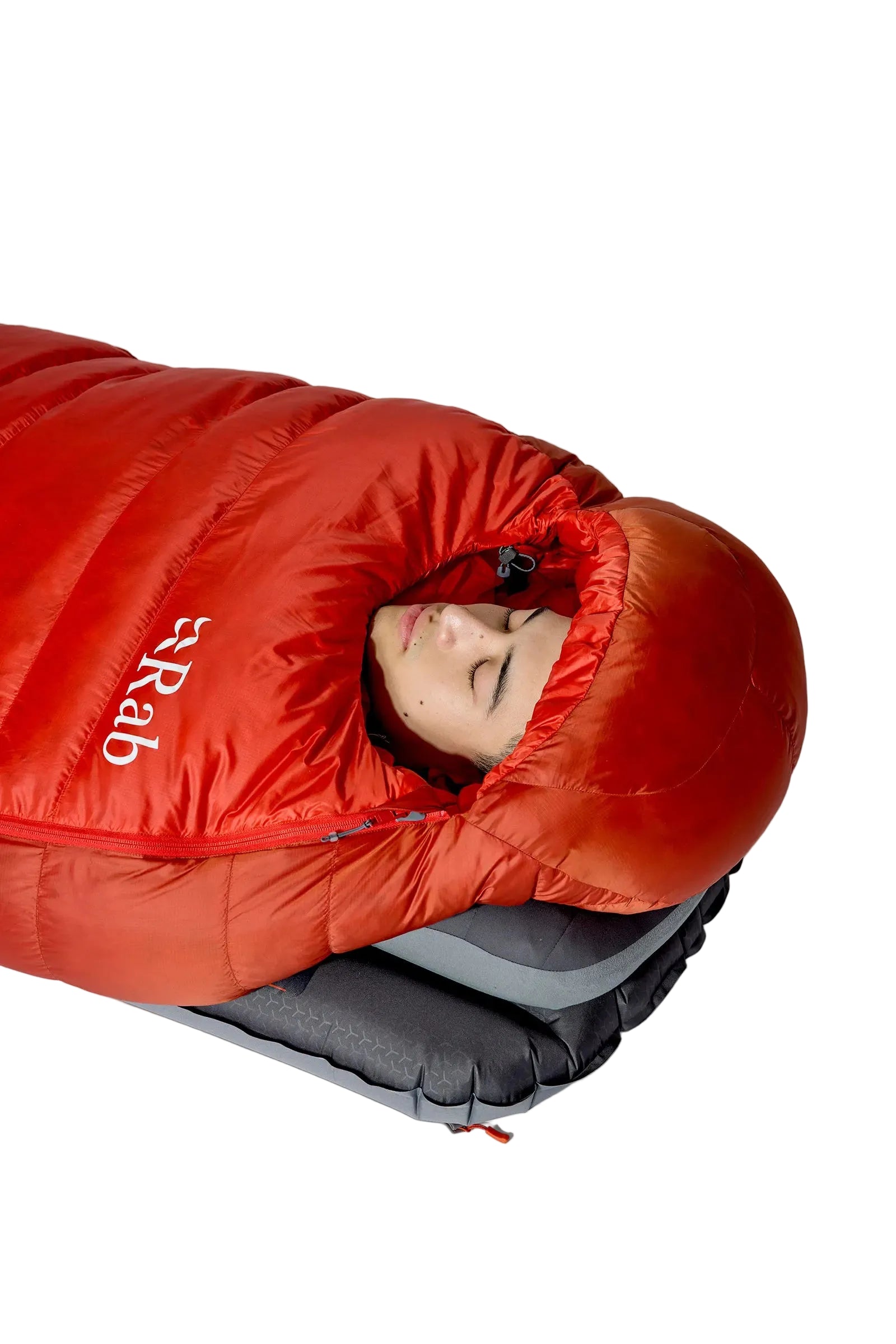 Rab Alpine Down Sleeping Bag (0°C/32F) in Dark Horizon/Tuscan Red - worn, hood close-up