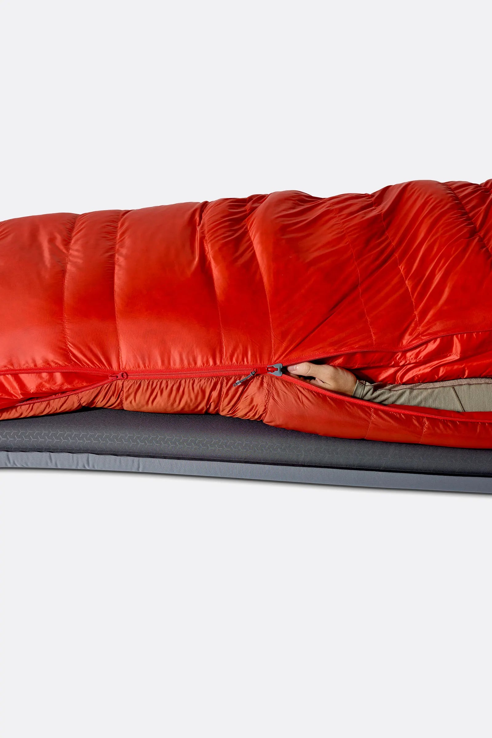 Rab Alpine Down Sleeping Bag (0°C/32F) in Dark Horizon/Tuscan Red - worn
