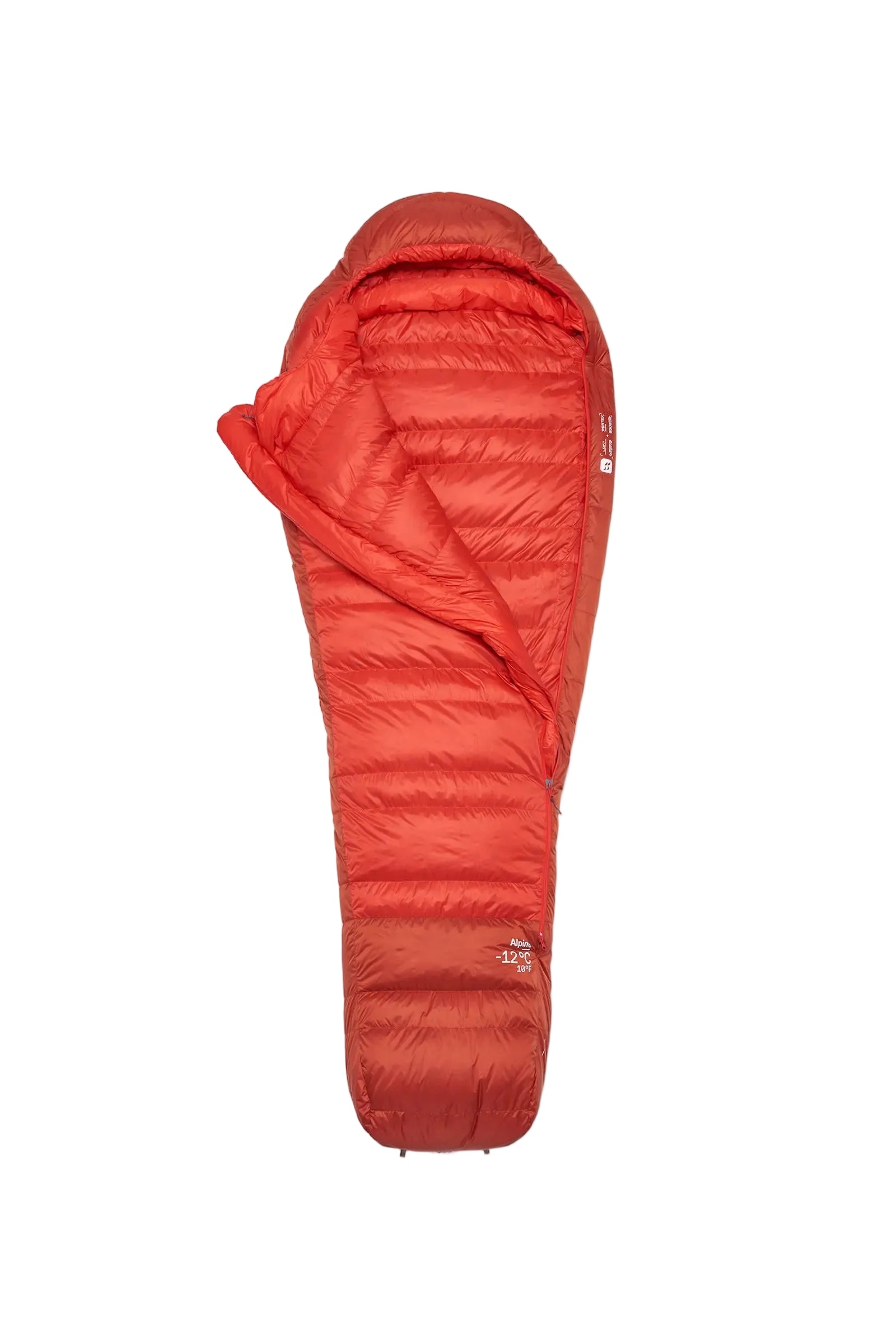 Rab Alpine Down Sleeping Bag (-12°C/10F) in Dark Horizon/Tuscan Red - unzipped, open