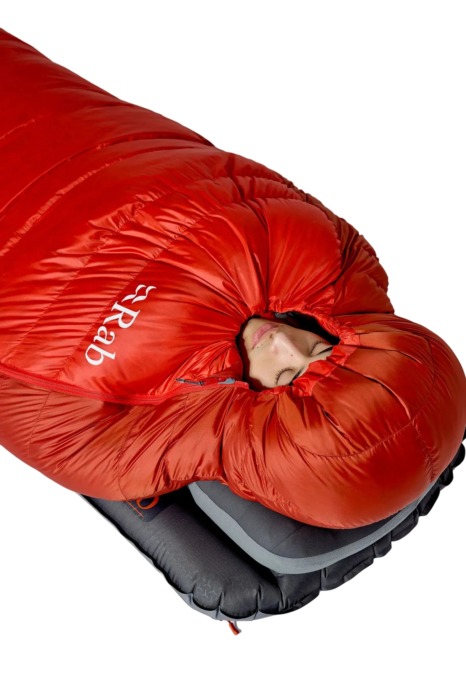 Rab Alpine Down Sleeping Bag (-6°C/21F) in Dark Horizon/Tuscan Red - hood detail, worn
