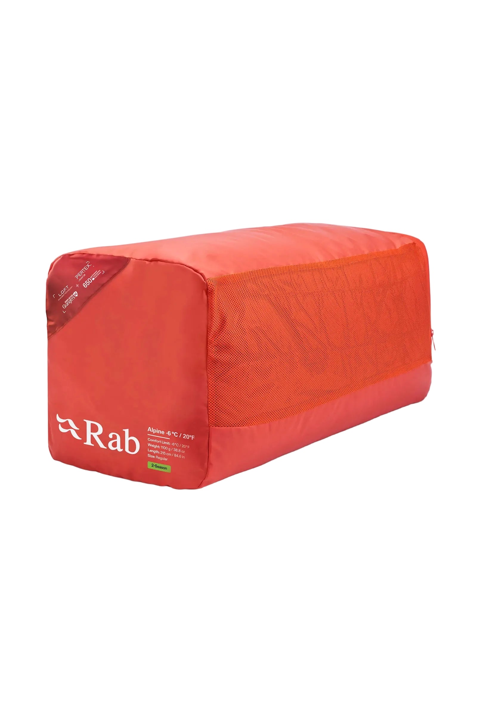 Rab Alpine Down Sleeping Bag (-6°C/21F) in Dark Horizon/Tuscan Red - packed in stuff sack