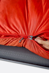 Rab Alpine Down Sleeping Bag (-6°C/21F) in Dark Horizon/Tuscan Red - worn, drawcord detail
