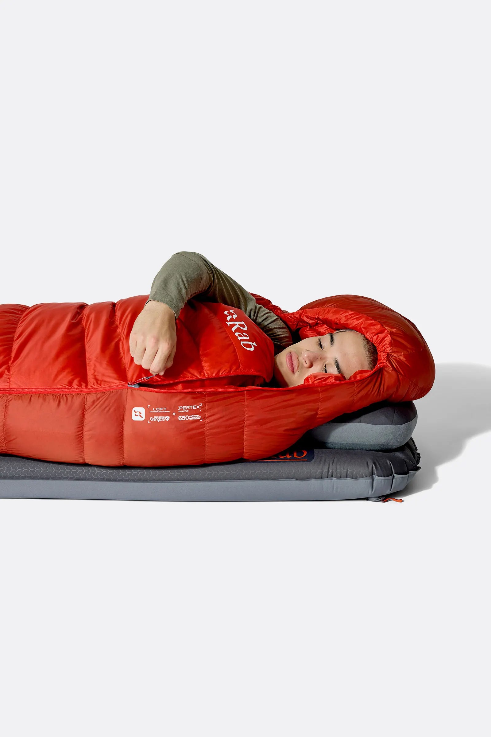 Rab Alpine Down Sleeping Bag (-6°C/21F) in Dark Horizon/Tuscan Red - worn, lying flat