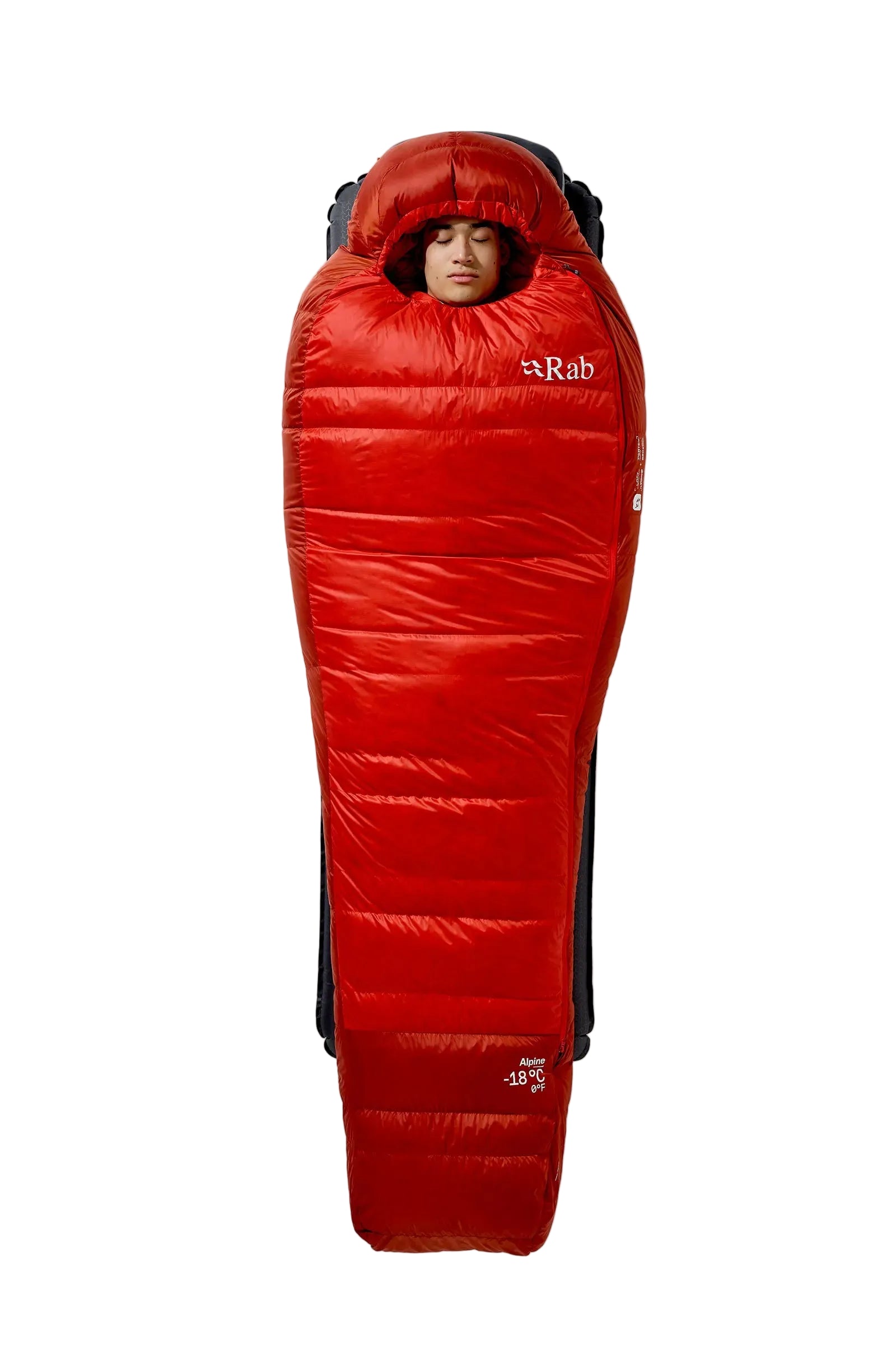 Rab Alpine Down Sleeping Bag (-18°C/0F) in Dark Horizon/Tuscan Red - Flat Lay, Side Profile