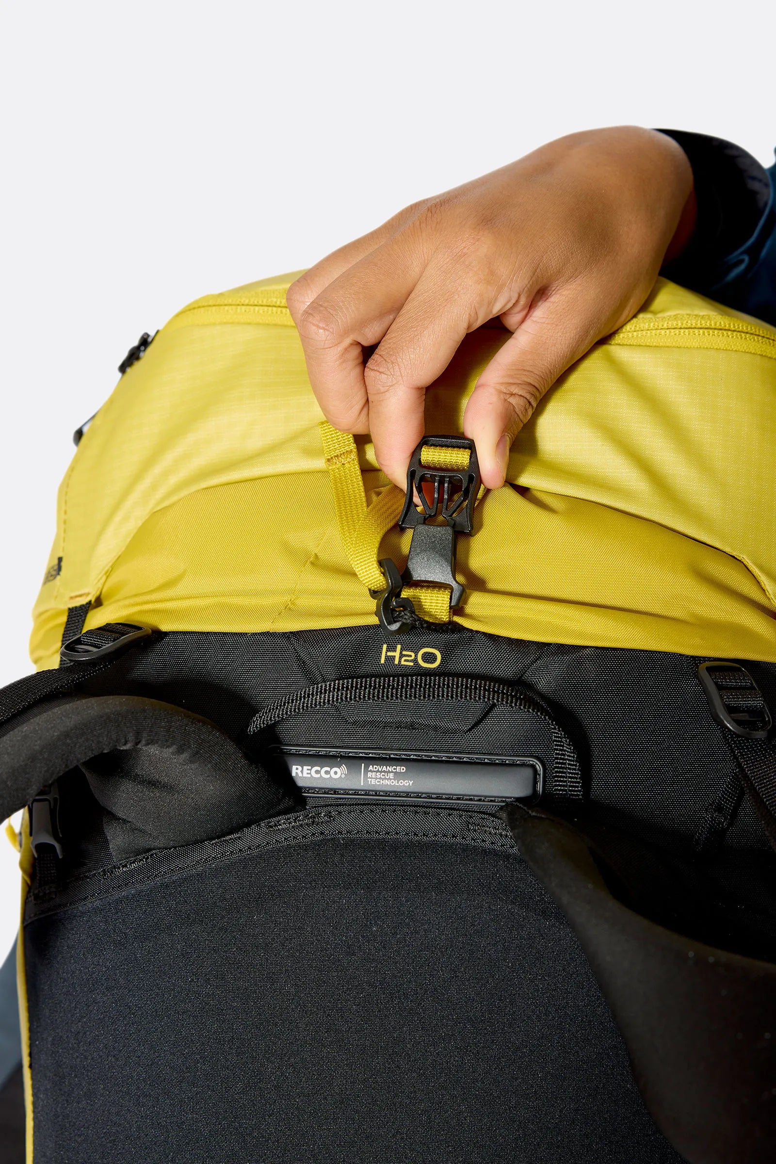 Rab Ascendor 35L Mountain Pack in Dark Pollen - Main Buckle Closure Detail