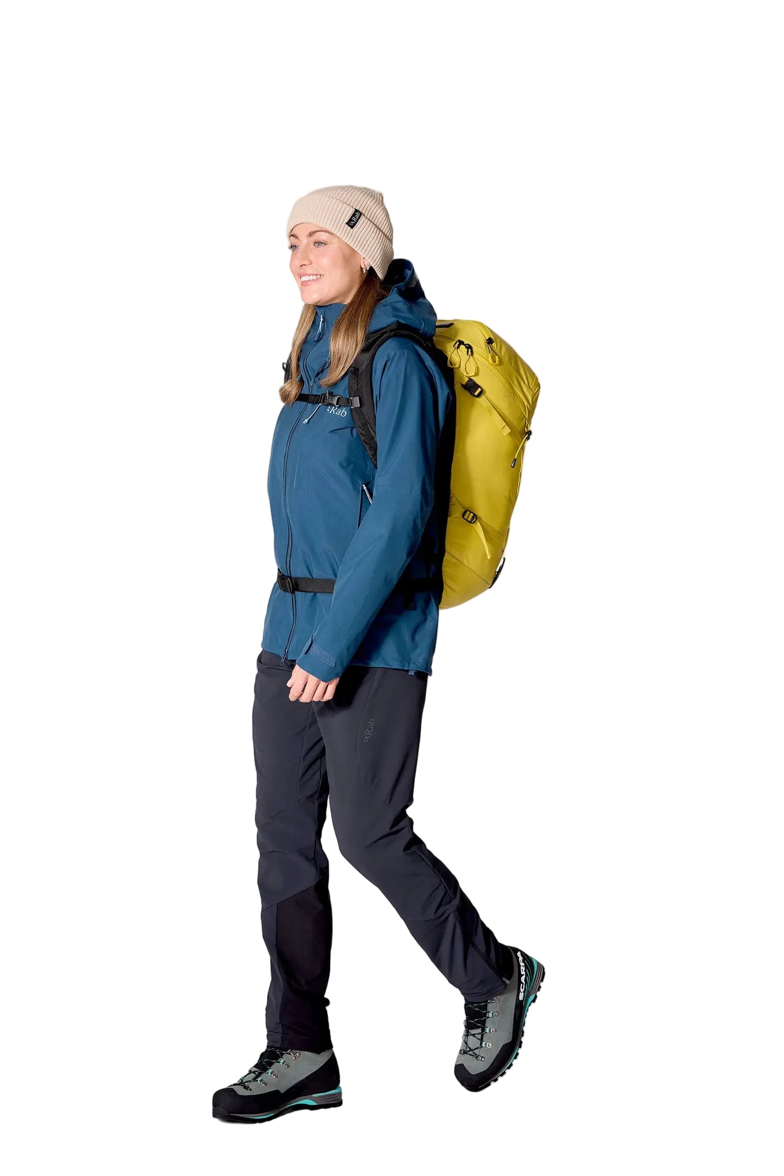 Rab Ascendor 35L Mountain Pack in Dark Pollen - Model Three Quarter View