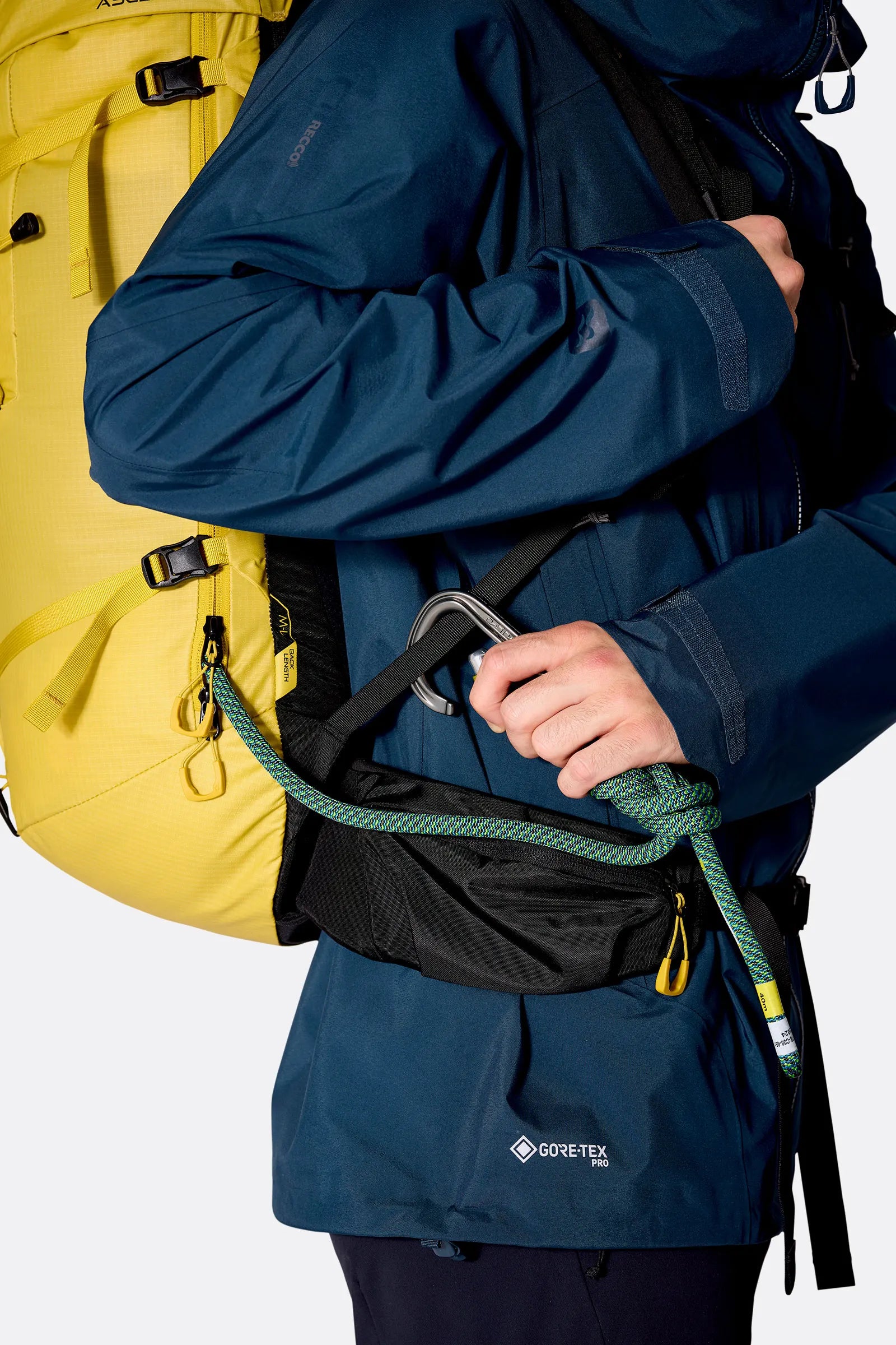 Rab Ascendor 45L Mountain Pack in Dark Pollen - Side Mesh Pocket Access Detail