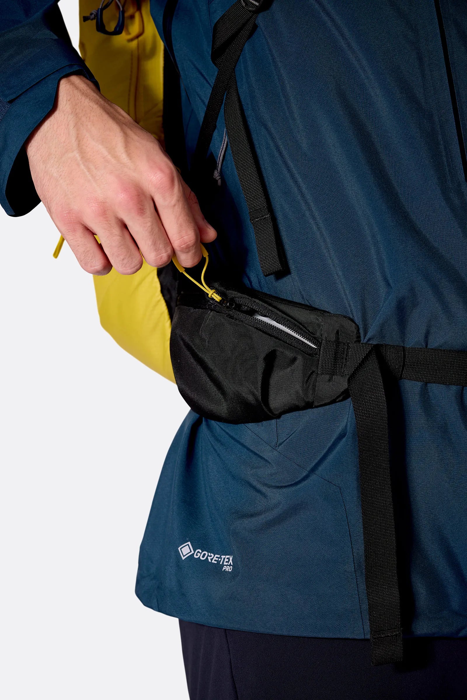 Rab Ascendor 45L Mountain Pack in Dark Pollen - Side Pocket Access Detail