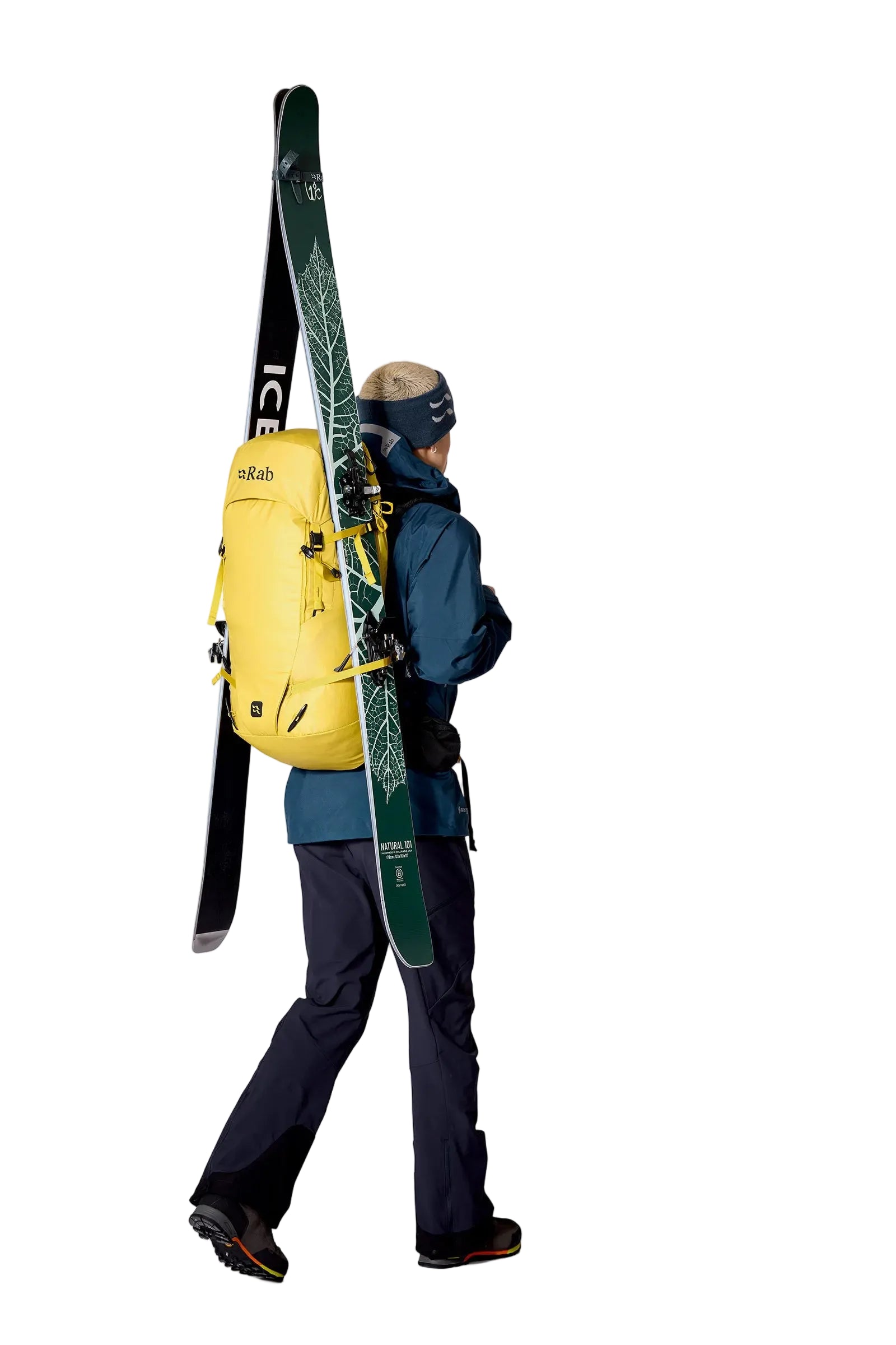 Rab Ascendor 45L Mountain Pack in Dark Pollen - Model with Ski Carry Side View