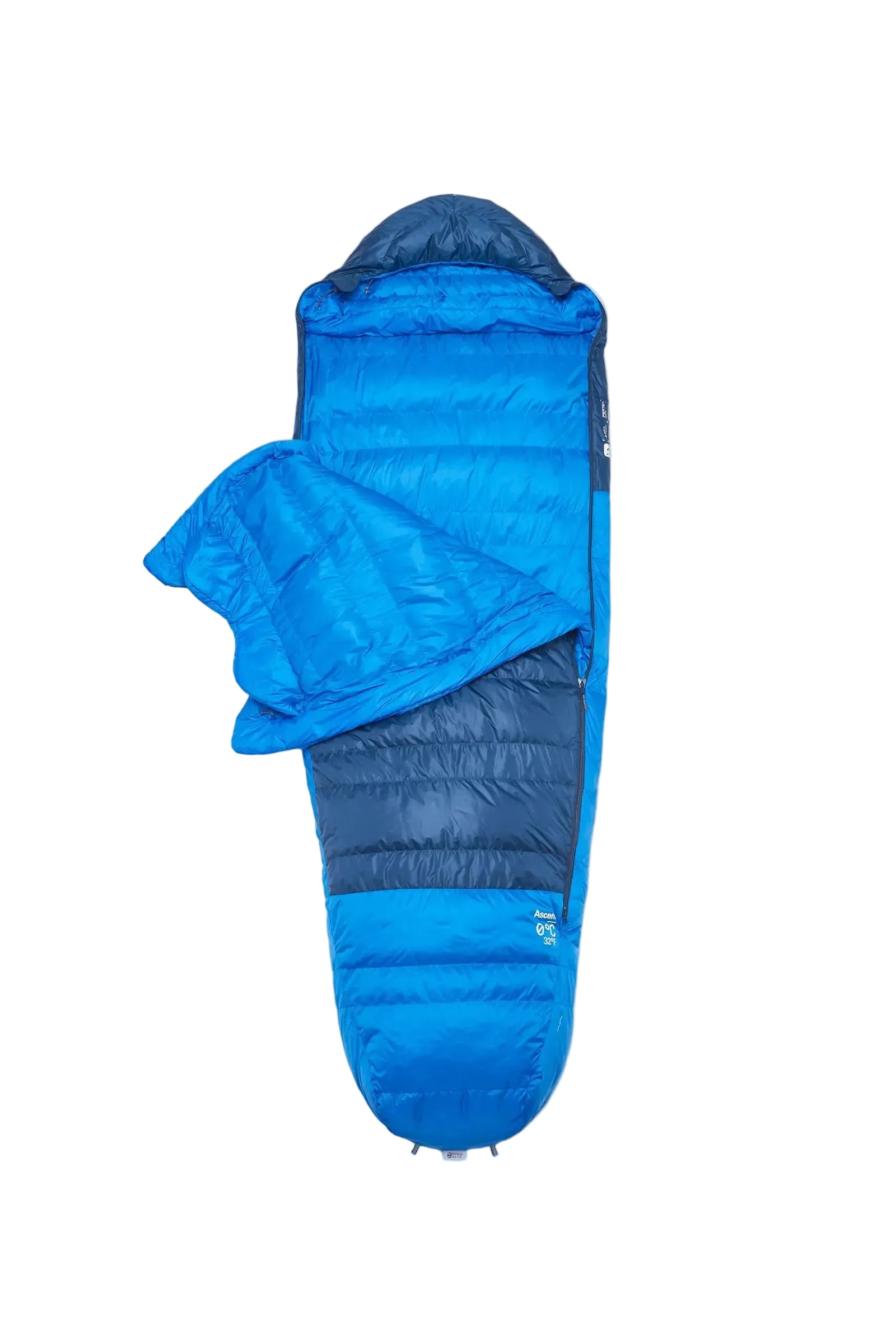 Rab Ascent Down Sleeping Bag (0°C/32F) in Tempest Blue/Maya Blue - Hood Open Detail