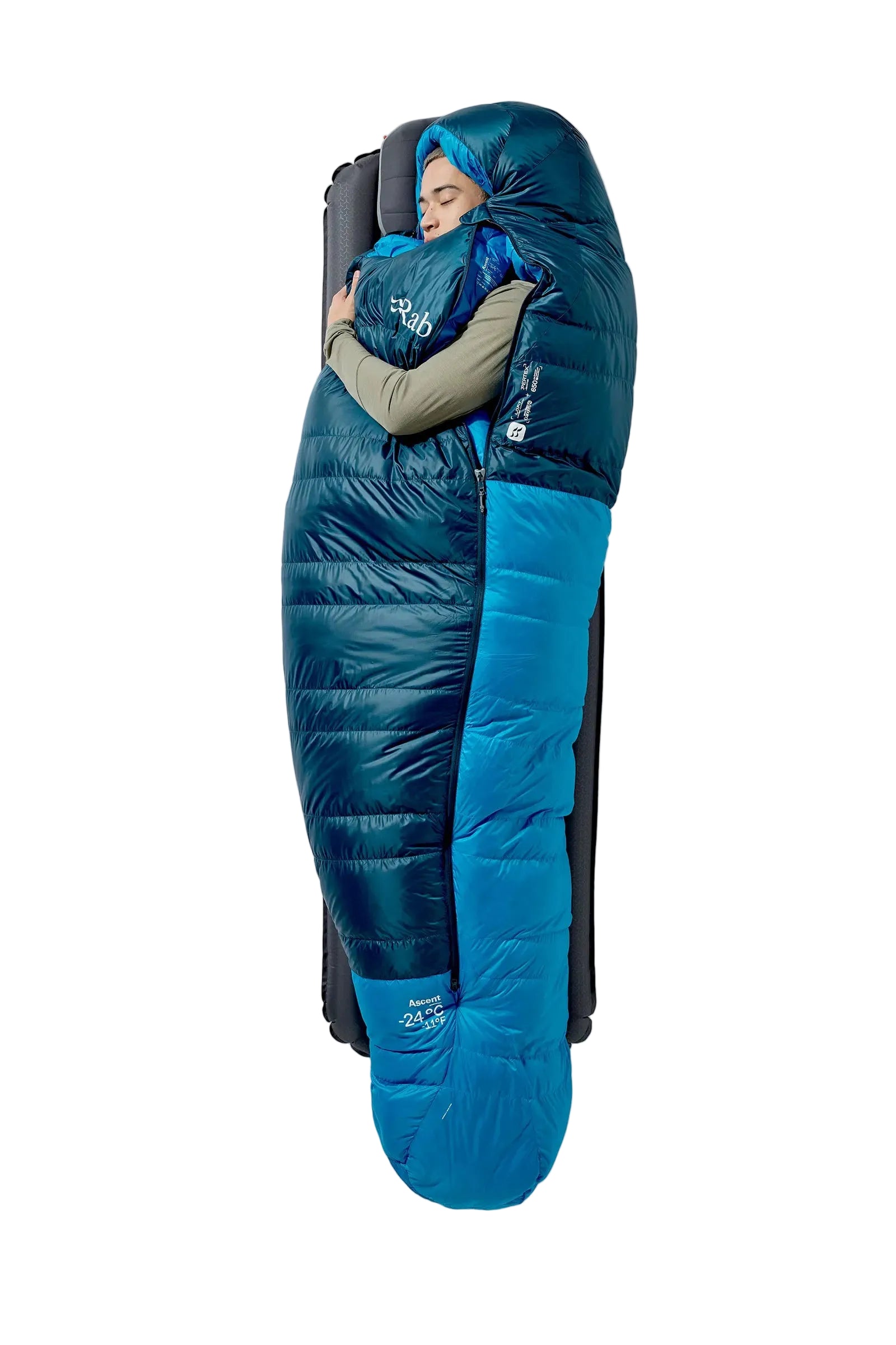Rab Ascent Down Sleeping Bag (0°C/32F) in Tempest Blue/Maya Blue - Model Lying Overhead
