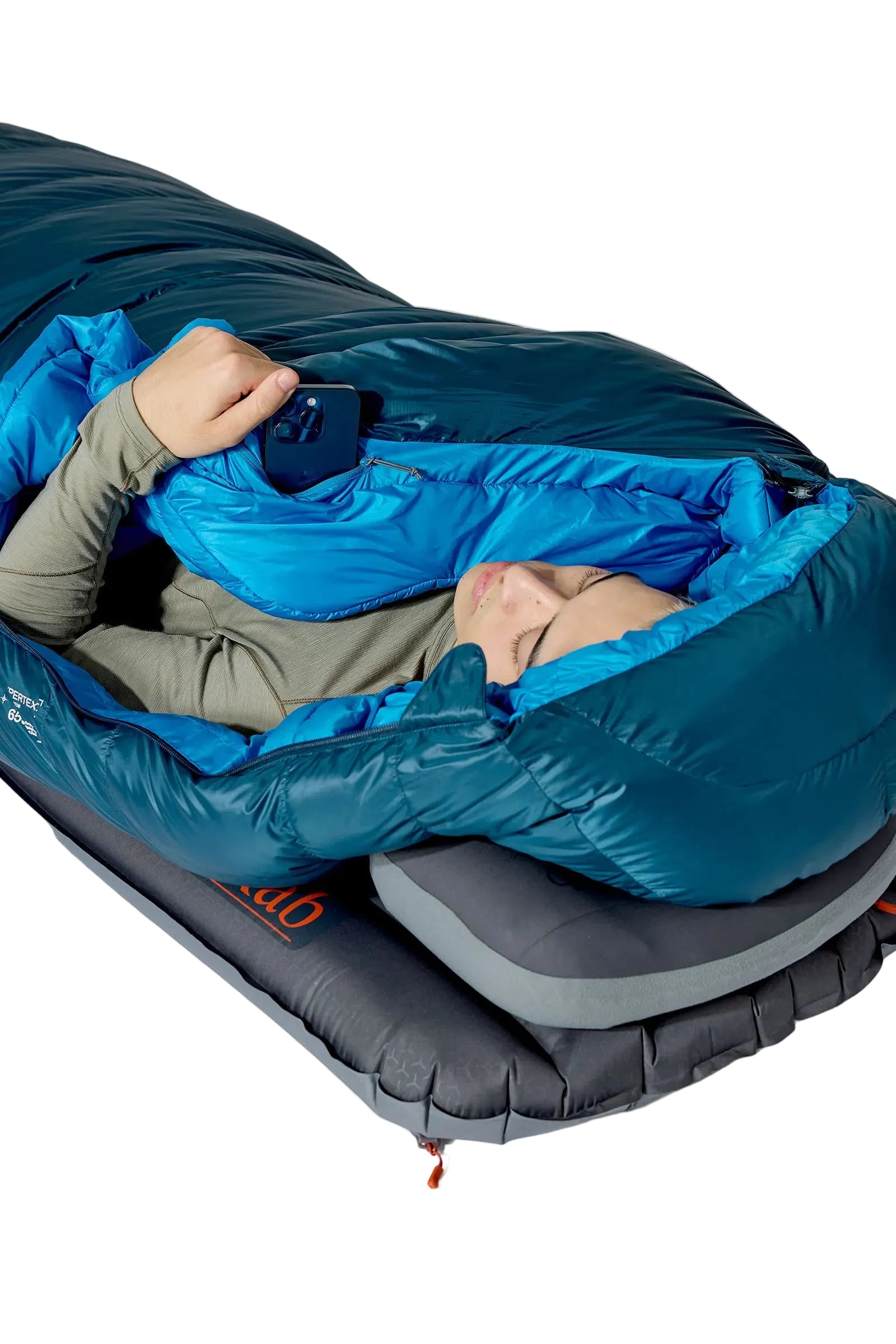 Rab Ascent Down Sleeping Bag (0°C/32F) in Tempest Blue/Maya Blue - Model Reclined