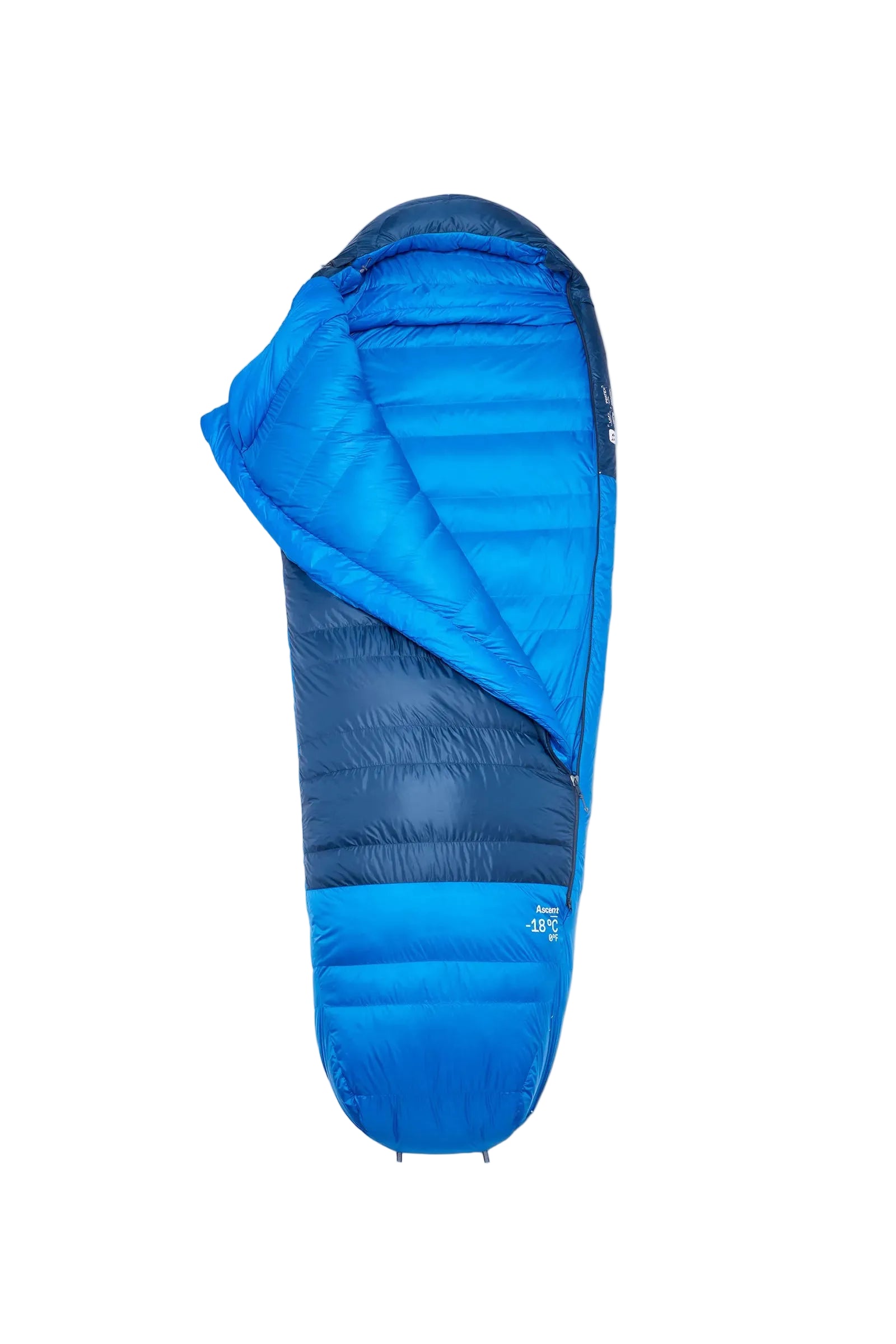 Rab Ascent Down Sleeping Bag (-18°C/0F) in Tempest Blue/Maya Blue - Hood Open Detail