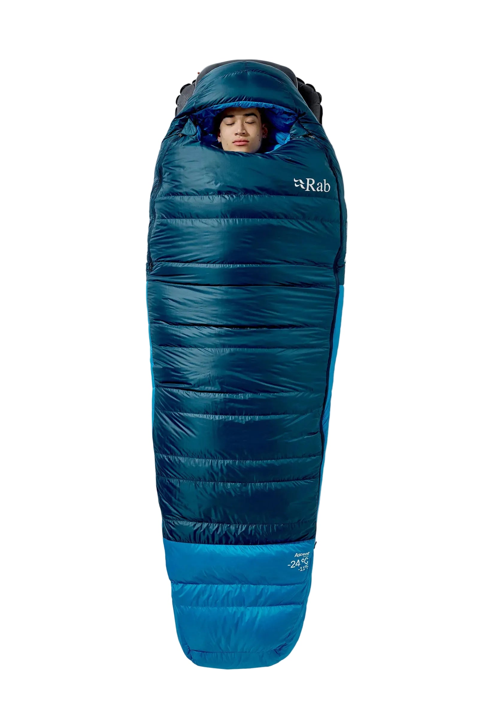 Rab Ascent Down Sleeping Bag (-18°C/0F) in Tempest Blue/Maya Blue - Laid Flat Front