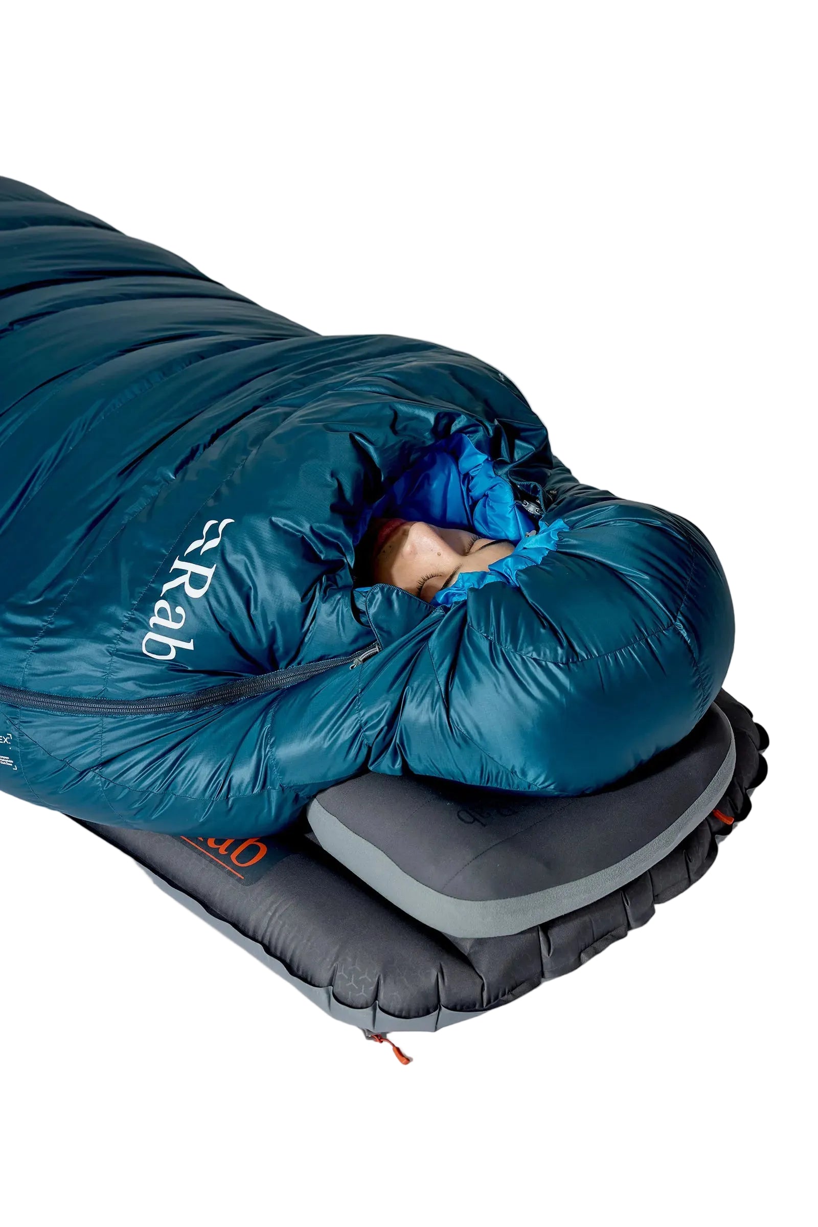 Rab Ascent Down Sleeping Bag (-18°C/0F) in Tempest Blue/Maya Blue - Model Hood Close