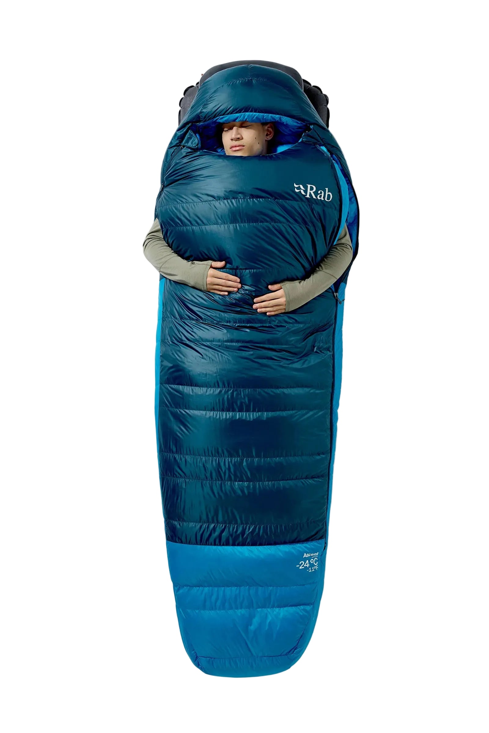Rab Ascent Down Sleeping Bag (-18°C/0F) in Tempest Blue/Maya Blue - Model Lying Overhead Wrapped