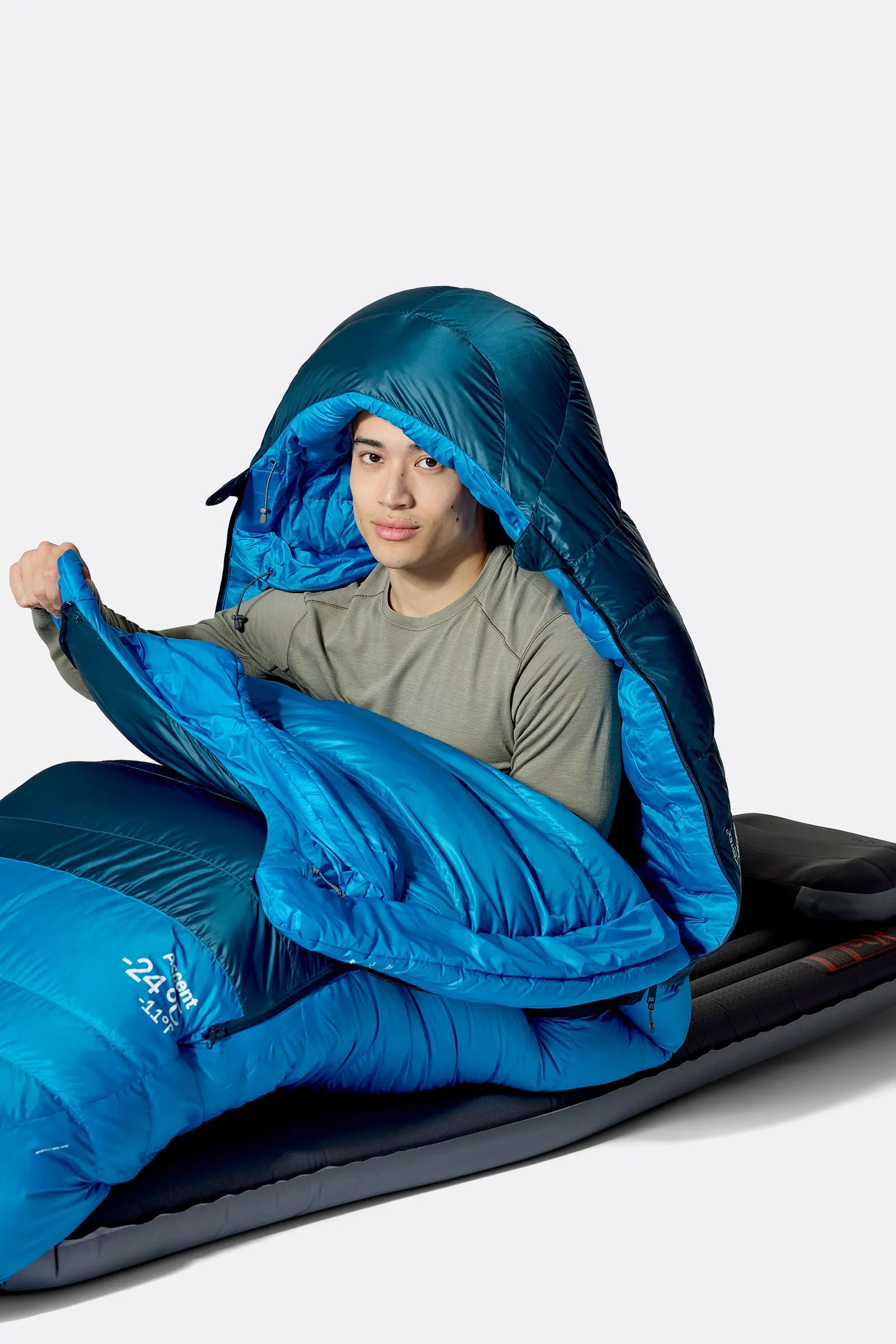 Rab Ascent Down Sleeping Bag (-18°C/0F) in Tempest Blue/Maya Blue - Model Zip Detail
