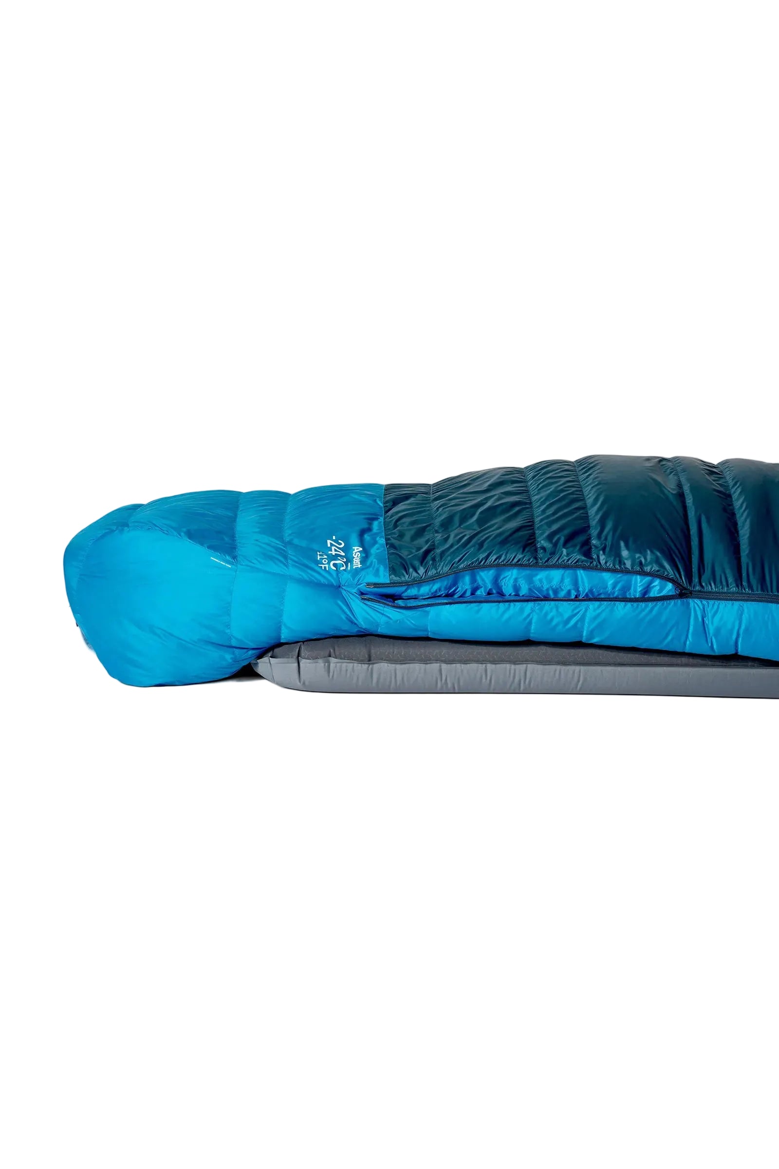 Rab Ascent Down Sleeping Bag (-18°C/0F) in Tempest Blue/Maya Blue - Packed Side