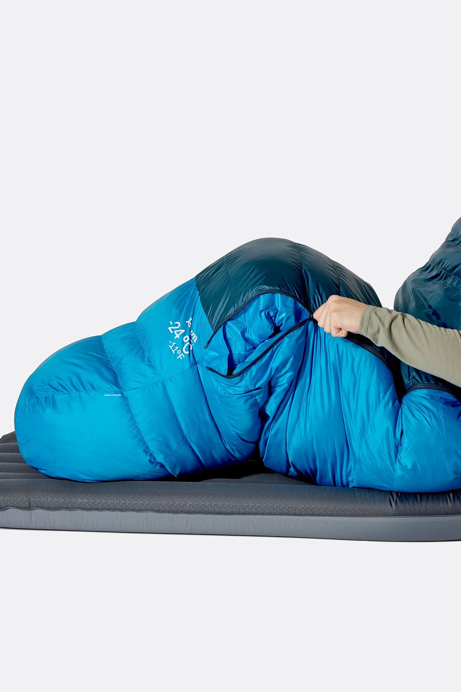 Rab Ascent Down Sleeping Bag (-6°C/21F) in Tempest Blue/Maya Blue - Model Lying Side