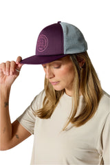Rab Cirque Print Cap in Mulberry/Pewter - three-quarter, worn