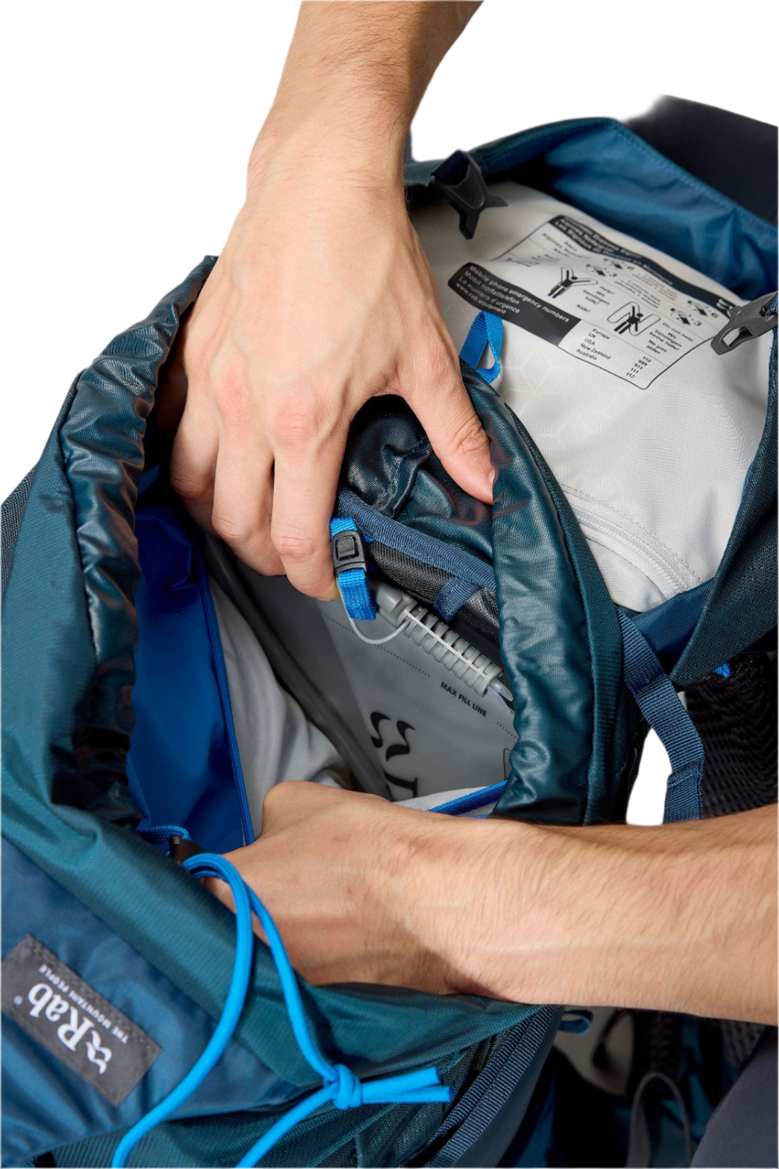 Rab Exion 38L Hiking Pack in Tempest Blue - Lid Pocket Open
