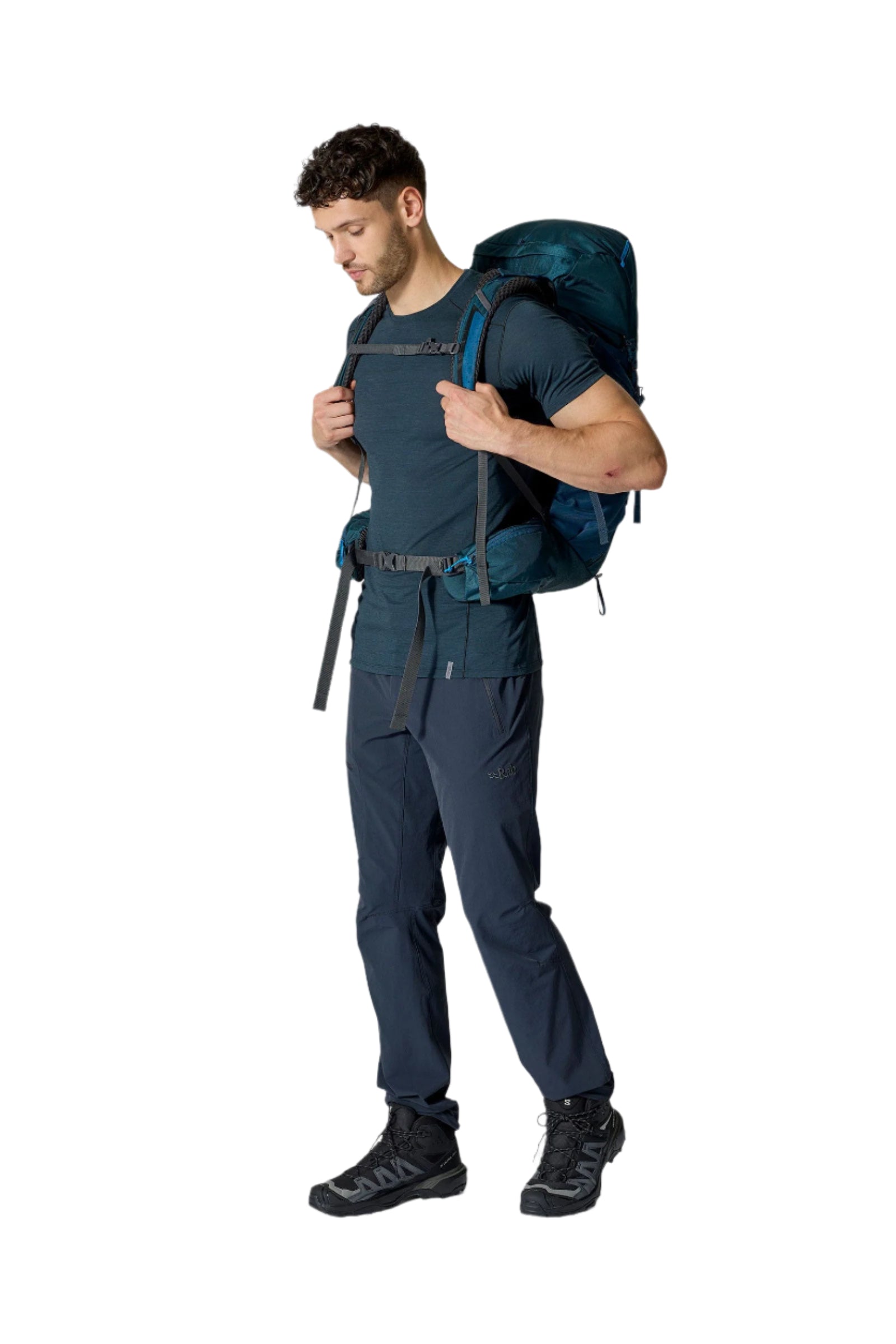 Rab Exion 38L Hiking Pack in Tempest Blue - On Model Three Quarter View