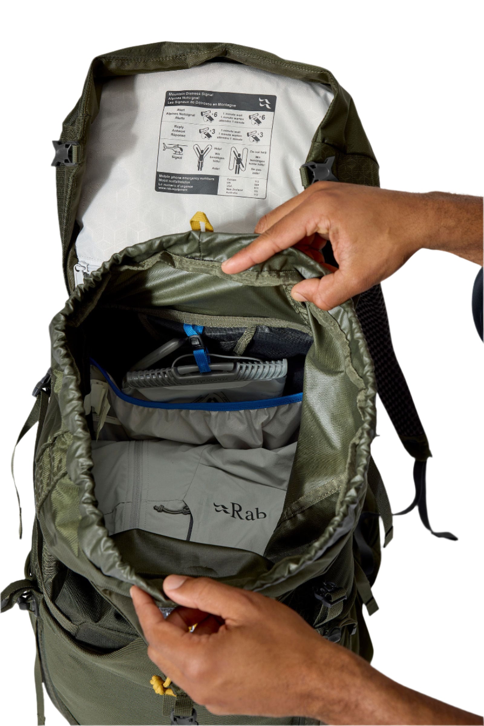 Rab Exion 48L Hiking Pack in Army - Front Pocket Open
