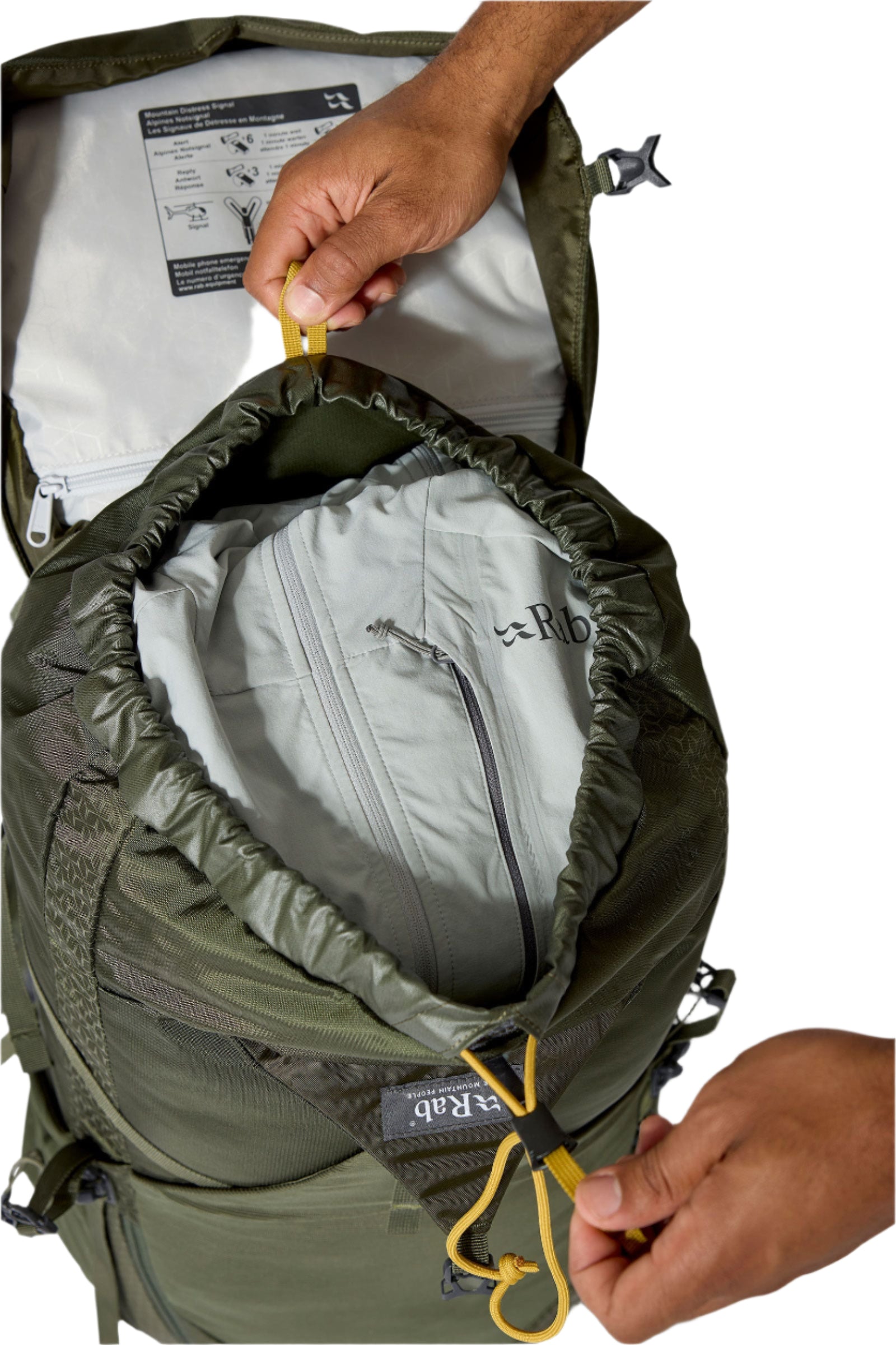 Rab Exion 48L Hiking Pack in Army - Lid Pocket Open